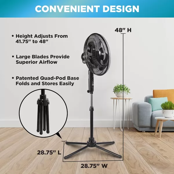 Comfort Zone Electric Oscillating Pedestal Fan, Stand Fan, 16 inch, 3 Speed, 90 Degree Oscillating Head, Adjustable Height and Tilt, Airflow 7.48 ft/sec, Ideal for Home, Bedroom &amp; Office, CZST161BTE