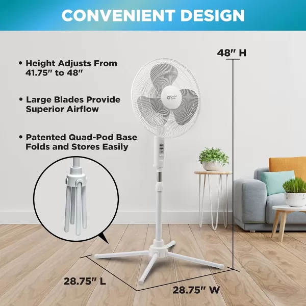 Comfort Zone Electric Oscillating Pedestal Fan, Stand Fan, 16 inch, 3 Speed, 90 Degree Oscillating Head, Adjustable Height and Tilt, Airflow 7.48 ft/sec, Ideal for Home, Bedroom &amp; Office, CZST161BTE