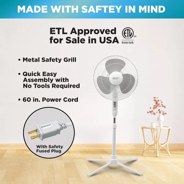 Comfort Zone Electric Oscillating Pedestal Fan, Stand Fan, 16 inch, 3 Speed, 90 Degree Oscillating Head, Adjustable Height and Tilt, Airflow 7.48 ft/sec, Ideal for Home, Bedroom &amp; Office, CZST161BTE