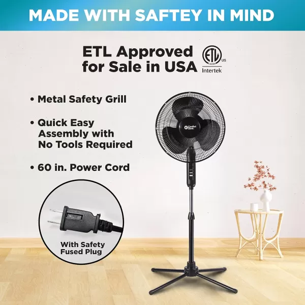 Comfort Zone Electric Oscillating Pedestal Fan, Stand Fan, 16 inch, 3 Speed, 90 Degree Oscillating Head, Adjustable Height and Tilt, Airflow 7.48 ft/sec, Ideal for Home, Bedroom &amp; Office, CZST161BTE