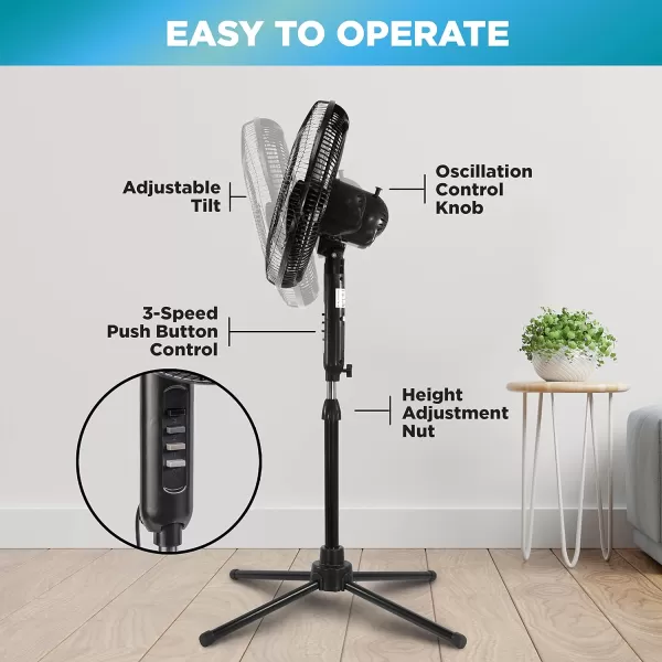 Comfort Zone Electric Oscillating Pedestal Fan, Stand Fan, 16 inch, 3 Speed, 90 Degree Oscillating Head, Adjustable Height and Tilt, Airflow 7.48 ft/sec, Ideal for Home, Bedroom &amp; Office, CZST161BTE