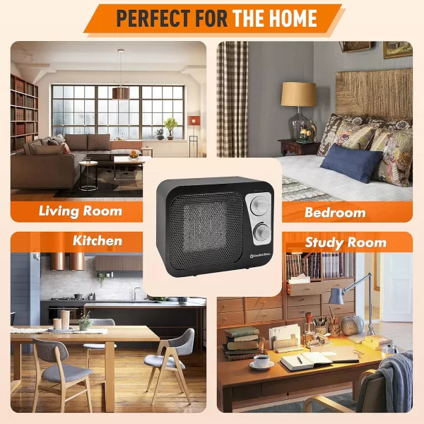 Comfort Zone Electric Retro Design Ceramic Space Heater, Adjustable Thermostat, 2 Heat Settings, Overheat Protection, Safety Tip-Over Switch, Portable for Home, Bedroom &amp; Office Use, 1,500W, CZ470BKB