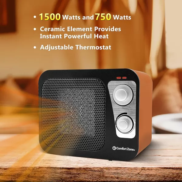 Comfort Zone Electric Retro Design Ceramic Space Heater, Adjustable Thermostat, 2 Heat Settings, Overheat Protection, Safety Tip-Over Switch, Portable for Home, Bedroom &amp; Office Use, 1,500W, CZ470BKB