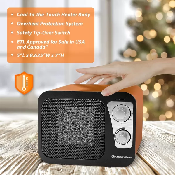 Comfort Zone Electric Retro Design Ceramic Space Heater, Adjustable Thermostat, 2 Heat Settings, Overheat Protection, Safety Tip-Over Switch, Portable for Home, Bedroom &amp; Office Use, 1,500W, CZ470BKB