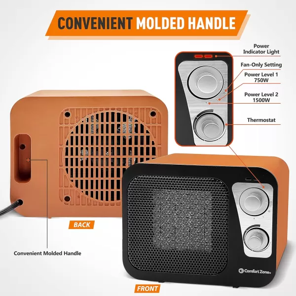 Comfort Zone Electric Retro Design Ceramic Space Heater, Adjustable Thermostat, 2 Heat Settings, Overheat Protection, Safety Tip-Over Switch, Portable for Home, Bedroom &amp; Office Use, 1,500W, CZ470BKB