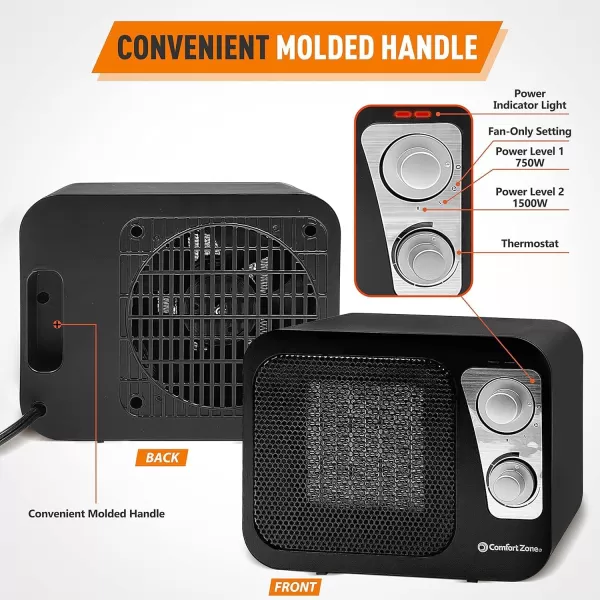 Comfort Zone Electric Retro Design Ceramic Space Heater, Adjustable Thermostat, 2 Heat Settings, Overheat Protection, Safety Tip-Over Switch, Portable for Home, Bedroom &amp; Office Use, 1,500W, CZ470BKB