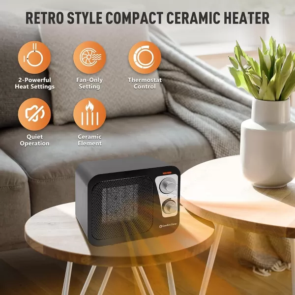 Comfort Zone Electric Retro Design Ceramic Space Heater, Adjustable Thermostat, 2 Heat Settings, Overheat Protection, Safety Tip-Over Switch, Portable for Home, Bedroom &amp; Office Use, 1,500W, CZ470BKB