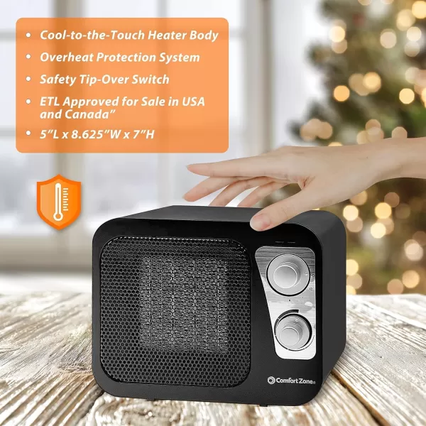 Comfort Zone Electric Retro Design Ceramic Space Heater, Adjustable Thermostat, 2 Heat Settings, Overheat Protection, Safety Tip-Over Switch, Portable for Home, Bedroom &amp; Office Use, 1,500W, CZ470BKB