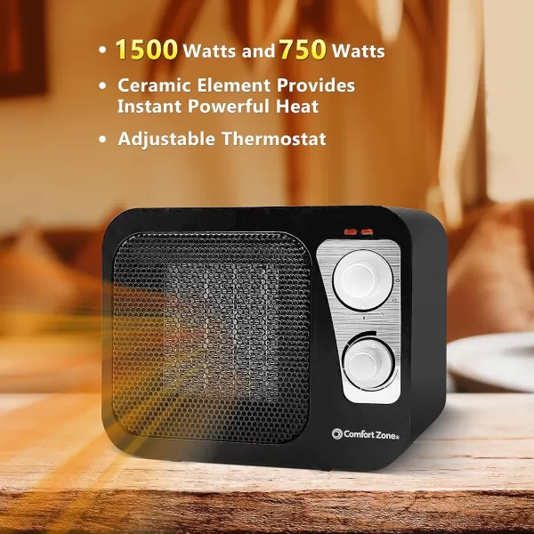 Comfort Zone Electric Retro Design Ceramic Space Heater, Adjustable Thermostat, 2 Heat Settings, Overheat Protection, Safety Tip-Over Switch, Portable for Home, Bedroom &amp; Office Use, 1,500W, CZ470BKB