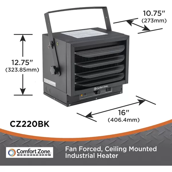 Comfort Zone Hard-Wired Ceiling Mount Garage Space Heater with Remote, 7,500 Watt, 240 Volt, Fan-Forced, Overheat Protection, Digital Thermostat, 12-Hour Timer, Ideal for Garage &amp; Workshop, CZ230ER