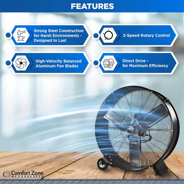 Comfort Zone High-Velocity Industrial Drum Fan, 42 inch, 2 Speed, Metal Construction, Easy Grab Handle, Individually Balanced Blades, Ideal for Garage, Workshop or Warehouse, CZMC42