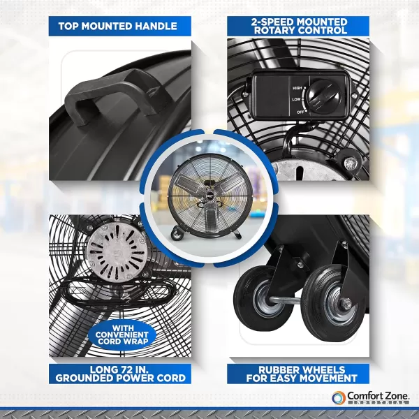 Comfort Zone High-Velocity Industrial Drum Fan, 42 inch, 2 Speed, Metal Construction, Easy Grab Handle, Individually Balanced Blades, Ideal for Garage, Workshop or Warehouse, CZMC42