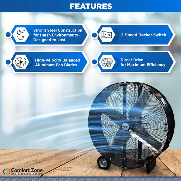 Comfort Zone High-Velocity Industrial Drum Fan, 42 inch, 2 Speed, Metal Construction, Easy Grab Handle, Individually Balanced Blades, Ideal for Garage, Workshop or Warehouse, CZMC42