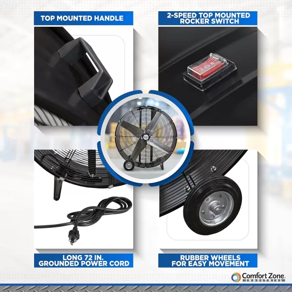Comfort Zone High-Velocity Industrial Drum Fan, 42 inch, 2 Speed, Metal Construction, Easy Grab Handle, Individually Balanced Blades, Ideal for Garage, Workshop or Warehouse, CZMC42