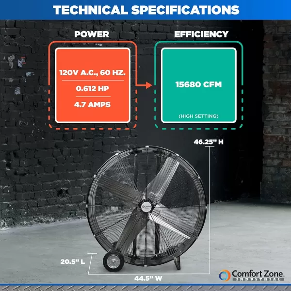 Comfort Zone High-Velocity Industrial Drum Fan, 42 inch, 2 Speed, Metal Construction, Easy Grab Handle, Individually Balanced Blades, Ideal for Garage, Workshop or Warehouse, CZMC42