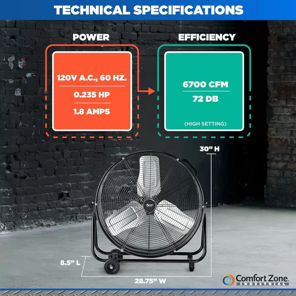 Comfort Zone High-Velocity Industrial Drum Fan, 42 inch, 2 Speed, Metal Construction, Easy Grab Handle, Individually Balanced Blades, Ideal for Garage, Workshop or Warehouse, CZMC42
