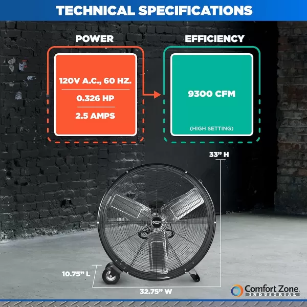 Comfort Zone High-Velocity Industrial Drum Fan, 42 inch, 2 Speed, Metal Construction, Easy Grab Handle, Individually Balanced Blades, Ideal for Garage, Workshop or Warehouse, CZMC42