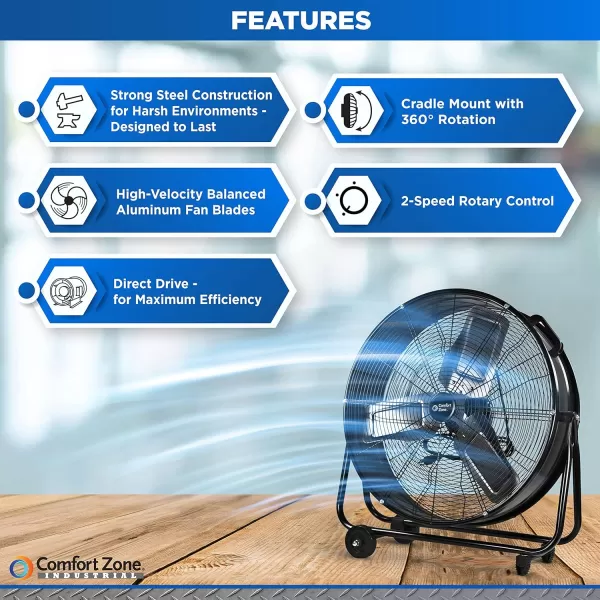 Comfort Zone High-Velocity Industrial Drum Fan, 42 inch, 2 Speed, Metal Construction, Easy Grab Handle, Individually Balanced Blades, Ideal for Garage, Workshop or Warehouse, CZMC42