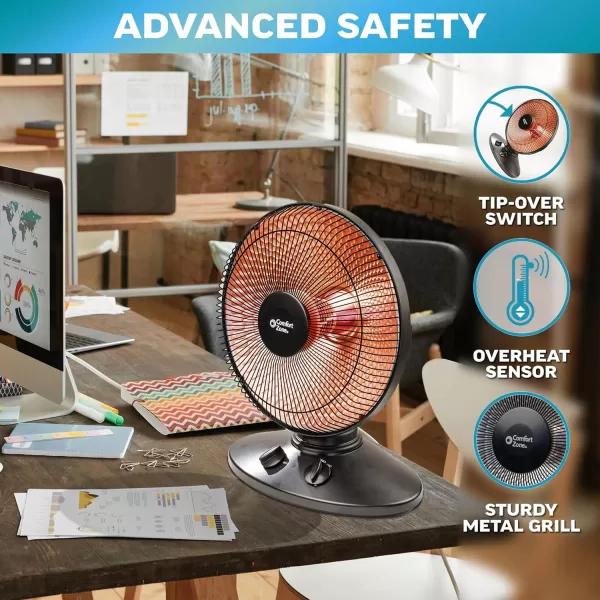 Comfort Zone Indoor Dish Space Heater with 70-degree Oscillation, Parabolic, Radiant, Electric, Adjustable Tilt, Tip Over Switch &amp; Overheat Protection Sensor, Ideal for Garage, Workshop, 1,000W, CZ998