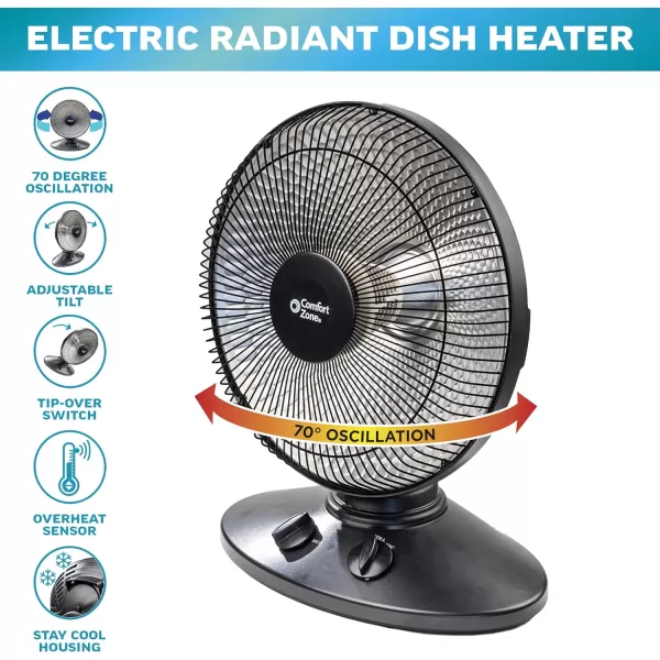 Comfort Zone Indoor Dish Space Heater with 70-degree Oscillation, Parabolic, Radiant, Electric, Adjustable Tilt, Tip Over Switch &amp; Overheat Protection Sensor, Ideal for Garage, Workshop, 1,000W, CZ998