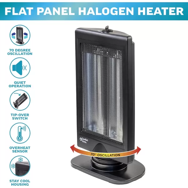 Comfort Zone Oscillating Portable Space Heater, Flat Panel, Halogen, Infrared, Electric, Adjustable Tilt, Overheat Sensor, Stay-Cool, &amp; Tip-Over Switch, Ideal for Home, Bedroom, &amp; Office, 800W, CZHTV9