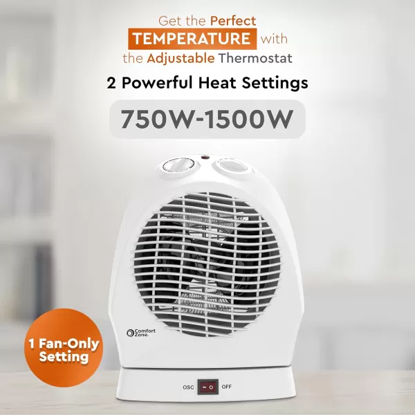 Comfort Zone Oscillating Space Heater with Adjustable Thermostat, Desktop, Fan-Forced, Portable, Overheat Sensor, Tip-Over Switch, Stay-Cool Housing, Ideal for Home, Bedroom, Office, 1,500W, CZ50BK