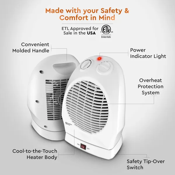 Comfort Zone Oscillating Space Heater with Adjustable Thermostat, Desktop, Fan-Forced, Portable, Overheat Sensor, Tip-Over Switch, Stay-Cool Housing, Ideal for Home, Bedroom, Office, 1,500W, CZ50BK