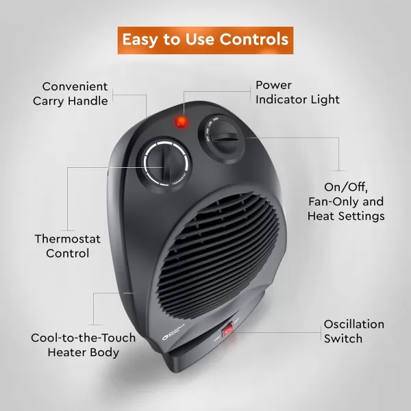 Comfort Zone Oscillating Space Heater with Adjustable Thermostat, Desktop, Fan-Forced, Portable, Overheat Sensor, Tip-Over Switch, Stay-Cool Housing, Ideal for Home, Bedroom, Office, 1,500W, CZ50BK