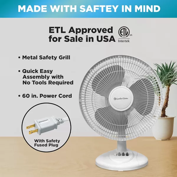 Comfort Zone Oscillating Table Fan with Adjustable Tilt, Convenient Push Button Controls, Quiet, 12 inch, 3 Speed, Desk Fan, Airflow 7.25 ft/sec, Ideal for Home, Bedroom, Dorm &amp; Office, CZ121WT