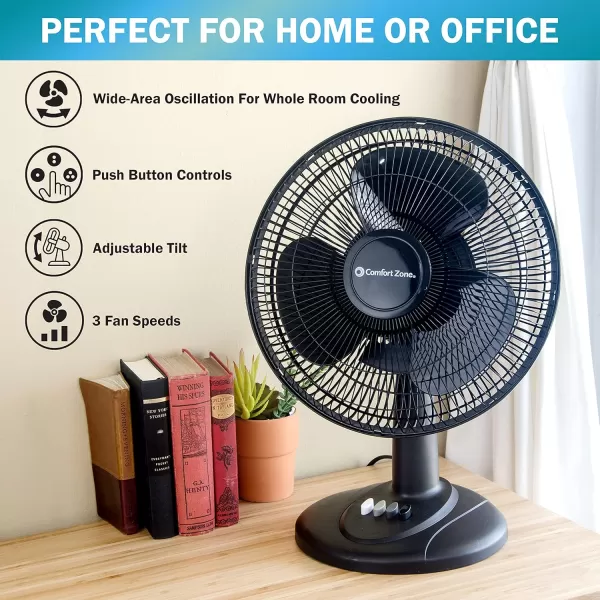 Comfort Zone Oscillating Table Fan with Adjustable Tilt, Convenient Push Button Controls, Quiet, 12 inch, 3 Speed, Desk Fan, Airflow 7.25 ft/sec, Ideal for Home, Bedroom, Dorm &amp; Office, CZ121WT