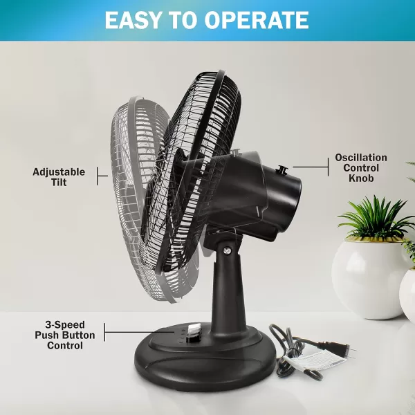 Comfort Zone Oscillating Table Fan with Adjustable Tilt, Convenient Push Button Controls, Quiet, 12 inch, 3 Speed, Desk Fan, Airflow 7.25 ft/sec, Ideal for Home, Bedroom, Dorm &amp; Office, CZ121WT