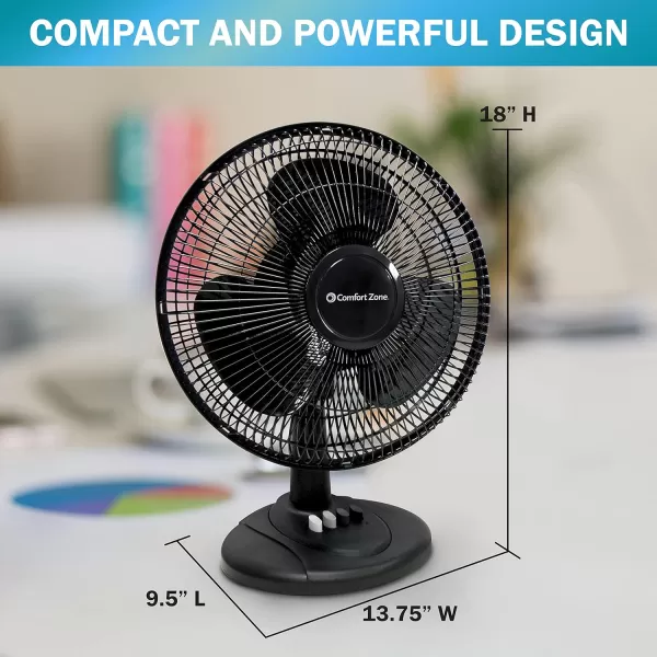 Comfort Zone Oscillating Table Fan with Adjustable Tilt, Convenient Push Button Controls, Quiet, 12 inch, 3 Speed, Desk Fan, Airflow 7.25 ft/sec, Ideal for Home, Bedroom, Dorm &amp; Office, CZ121WT
