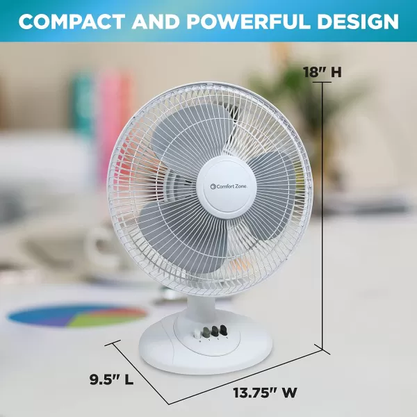 Comfort Zone Oscillating Table Fan with Adjustable Tilt, Convenient Push Button Controls, Quiet, 12 inch, 3 Speed, Desk Fan, Airflow 7.25 ft/sec, Ideal for Home, Bedroom, Dorm &amp; Office, CZ121WT
