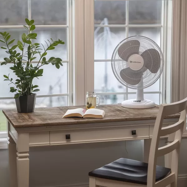 Comfort Zone Oscillating Table Fan with Adjustable Tilt, Convenient Push Button Controls, Quiet, 12 inch, 3 Speed, Desk Fan, Airflow 7.25 ft/sec, Ideal for Home, Bedroom, Dorm &amp; Office, CZ121WT
