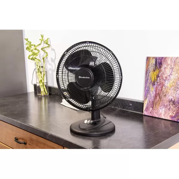 Comfort Zone Oscillating Table Fan with Adjustable Tilt, Convenient Push Button Controls, Quiet, 12 inch, 3 Speed, Desk Fan, Airflow 7.25 ft/sec, Ideal for Home, Bedroom, Dorm &amp; Office, CZ121WT