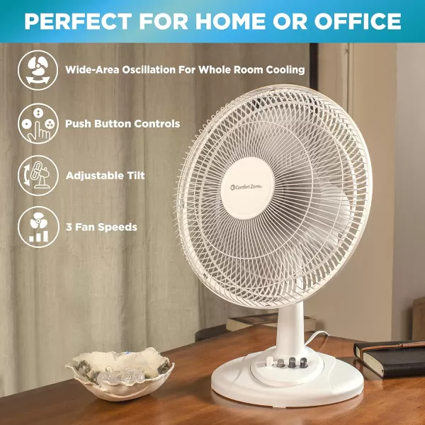 Comfort Zone Oscillating Table Fan with Adjustable Tilt, Convenient Push Button Controls, Quiet, 12 inch, 3 Speed, Desk Fan, Airflow 7.25 ft/sec, Ideal for Home, Bedroom, Dorm &amp; Office, CZ121WT