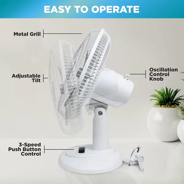 Comfort Zone Oscillating Table Fan with Adjustable Tilt, Convenient Push Button Controls, Quiet, 16 inch, 3 Speed, Desk Fan, Airflow 15.75 ft/sec, Ideal for Home, Bedroom, Dorm &amp; Office, CZ161WT