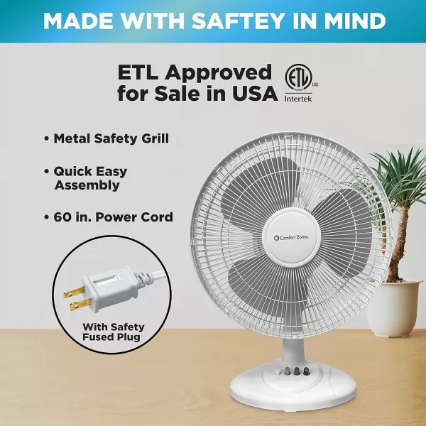 Comfort Zone Oscillating Table Fan with Adjustable Tilt, Convenient Push Button Controls, Quiet, 16 inch, 3 Speed, Desk Fan, Airflow 15.75 ft/sec, Ideal for Home, Bedroom, Dorm &amp; Office, CZ161WT