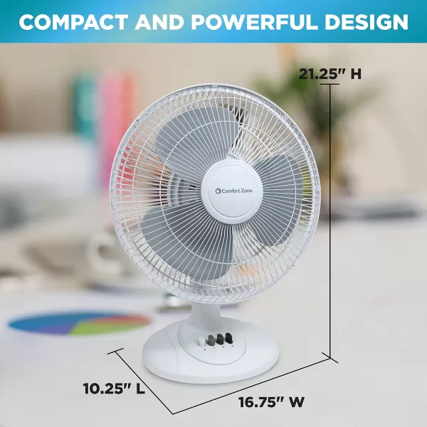 Comfort Zone Oscillating Table Fan with Adjustable Tilt, Convenient Push Button Controls, Quiet, 16 inch, 3 Speed, Desk Fan, Airflow 15.75 ft/sec, Ideal for Home, Bedroom, Dorm &amp; Office, CZ161WT