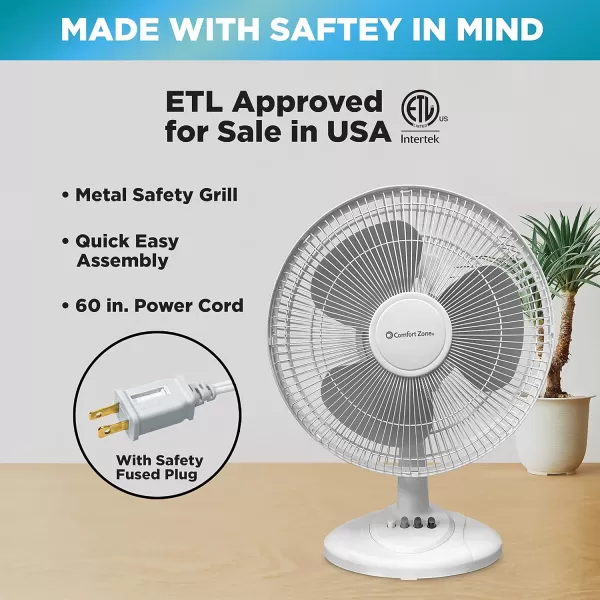 Comfort Zone Oscillating Table Fan with Adjustable Tilt, Convenient Push Button Controls, Quiet, 16 inch, 3 Speed, Desk Fan, Airflow 15.75 ft/sec, Ideal for Home, Bedroom, Dorm &amp; Office, CZ161WT