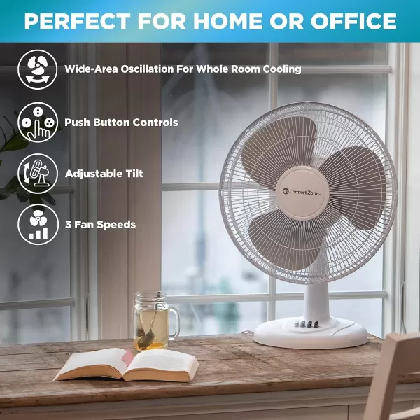 Comfort Zone Oscillating Table Fan with Adjustable Tilt, Convenient Push Button Controls, Quiet, 16 inch, 3 Speed, Desk Fan, Airflow 15.75 ft/sec, Ideal for Home, Bedroom, Dorm &amp; Office, CZ161WT