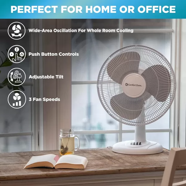 Comfort Zone Oscillating Table Fan with Adjustable Tilt, Convenient Push Button Controls, Quiet, 16 inch, 3 Speed, Desk Fan, Airflow 15.75 ft/sec, Ideal for Home, Bedroom, Dorm &amp; Office, CZ161WT