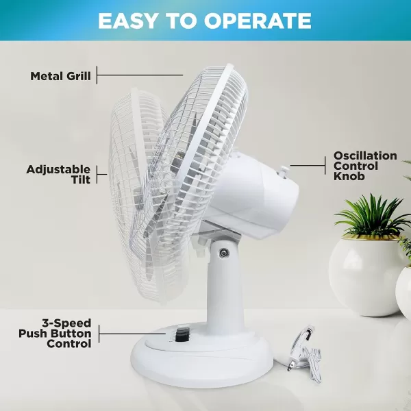 Comfort Zone Oscillating Table Fan with Adjustable Tilt, Convenient Push Button Controls, Quiet, 16 inch, 3 Speed, Desk Fan, Airflow 15.75 ft/sec, Ideal for Home, Bedroom, Dorm &amp; Office, CZ161WT