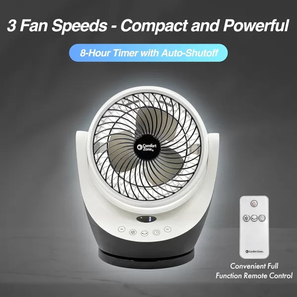 Comfort Zone Oscillating Table Fan with Remote Control, Electronic Controls, Desk Fan, 8 inch, 3 Speed, 90 Degree Tilt, 8 Hour Timer, Ideal for Home, Bedroom &amp; Office, CZHV82TWT