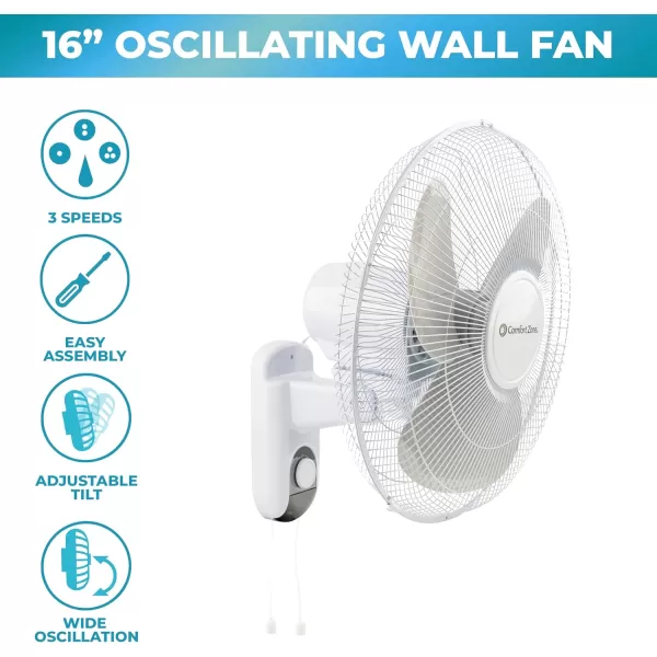 Comfort Zone Oscillating Wall Mount Fan with Adjustable Tilt, 16 inch, 3 Speed, Metal Grille, 90 Degree Oscillation, Airflow 14.07 ft/sec, Ideal for Home, Bedroom, Gym &amp; Office, CZ16W