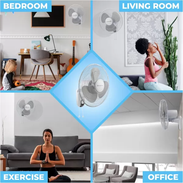 Comfort Zone Oscillating Wall Mount Fan with Adjustable Tilt, 16 inch, 3 Speed, Metal Grille, 90 Degree Oscillation, Airflow 14.07 ft/sec, Ideal for Home, Bedroom, Gym &amp; Office, CZ16W