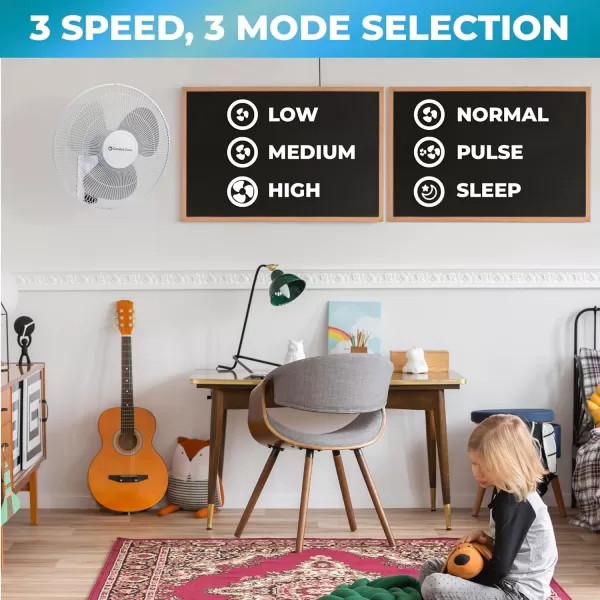 Comfort Zone Oscillating Wall Mount Fan with Adjustable Tilt, 16 inch, 3 Speed, Metal Grille, 90 Degree Oscillation, Airflow 14.07 ft/sec, Ideal for Home, Bedroom, Gym &amp; Office, CZ16W