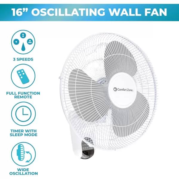 Comfort Zone Oscillating Wall Mount Fan with Adjustable Tilt, 16 inch, 3 Speed, Metal Grille, 90 Degree Oscillation, Airflow 14.07 ft/sec, Ideal for Home, Bedroom, Gym &amp; Office, CZ16W