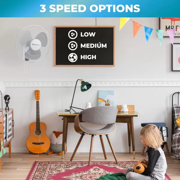 Comfort Zone Oscillating Wall Mount Fan with Adjustable Tilt, 16 inch, 3 Speed, Metal Grille, 90 Degree Oscillation, Airflow 14.07 ft/sec, Ideal for Home, Bedroom, Gym &amp; Office, CZ16W