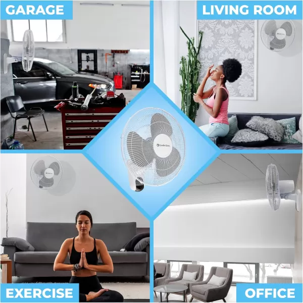 Comfort Zone Oscillating Wall Mount Fan with Remote Control, Timer, Auto Shut Off, Adjustable Tilt, Quiet, 16 inch, 3 Speed, Ideal for Home, Bedroom, Gym &amp; Office, Airflow 14.07 ft/sec, CZ16WR